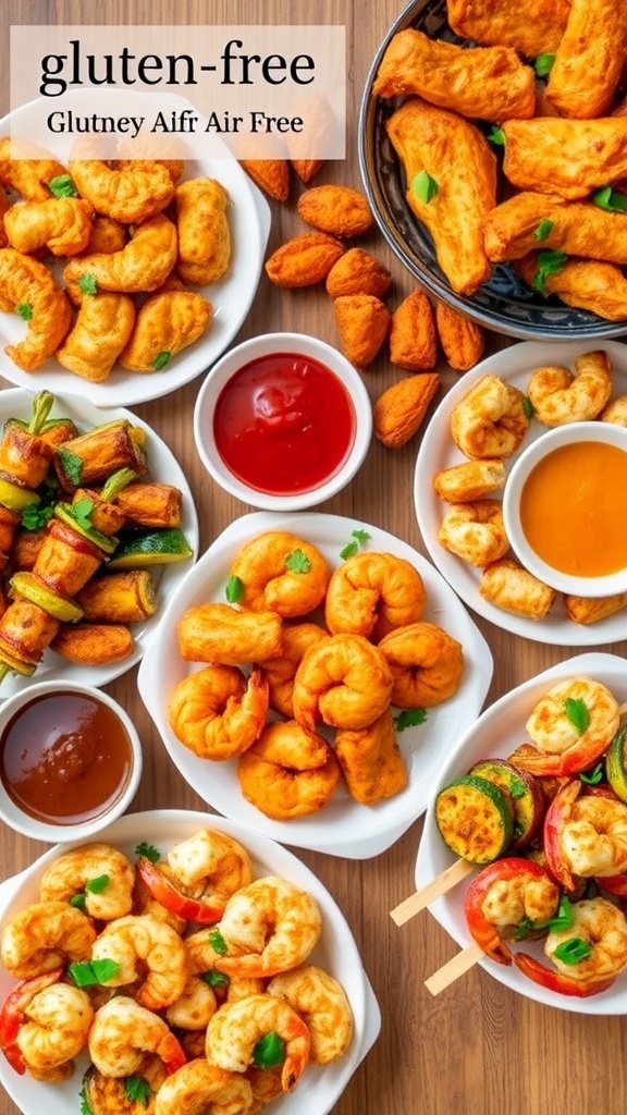 Gluten-Free Air Fryer Meals A variety of gluten-free air fryer meals including chicken tenders, roasted vegetables, and shrimp skewers on a wooden table.
